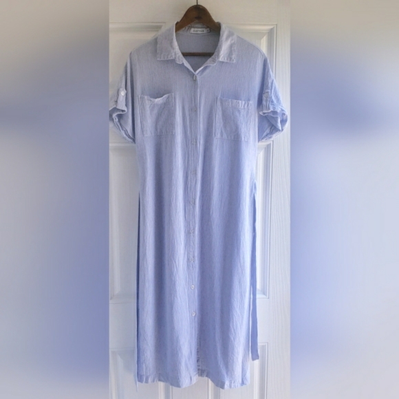 JustFab Linen Dolman Sleeve Shirt Dress Size Large Blue And White Stripes - Picture 2 of 11